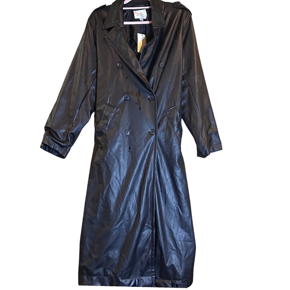 NEW A New Day Black Faux Leather Double Breasted Trench Coat Maxi Long Size L